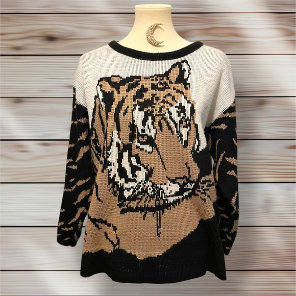 Vintage Arielle USA Tiger Kawaii Knit Metallic Weave Crew Neck Sweater Med VGUC - Picture 1 of 14